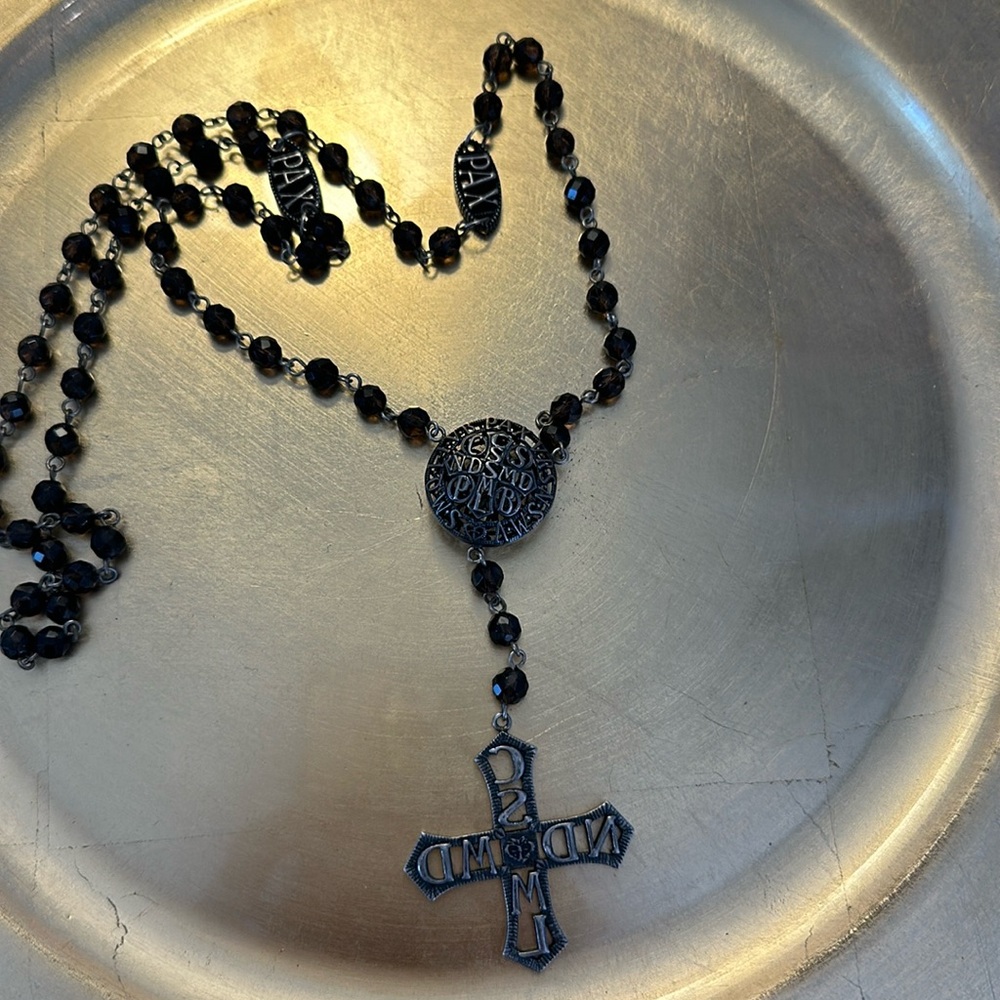 Virgins Saints & Angels Black Beaded Rosary Cross Necklace